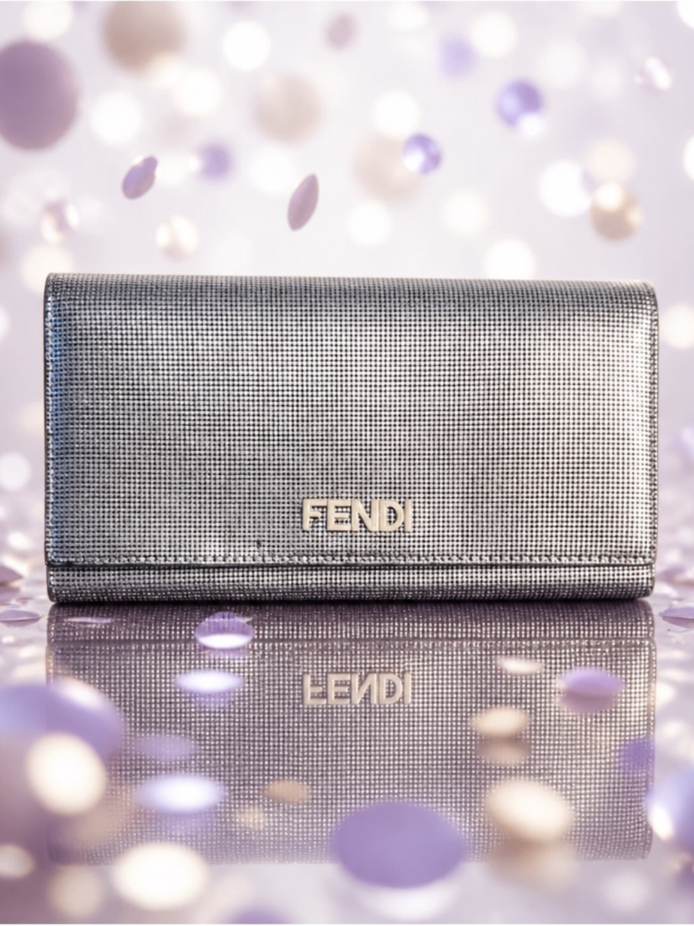 Fendi Silver Metallic Continental Wallet with Logo